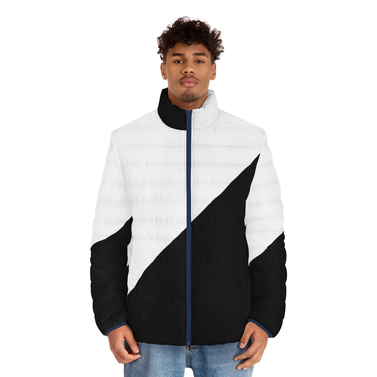 Diagonal half white and black puffer jacket with abstract geometric pattern - men front