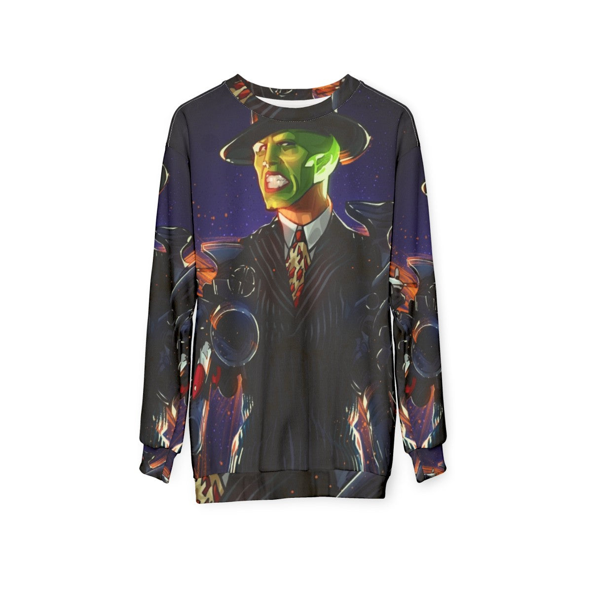 The Mask Sweatshirt 3 featuring the iconic green superhero character from the Jim Carrey comedy - hanging