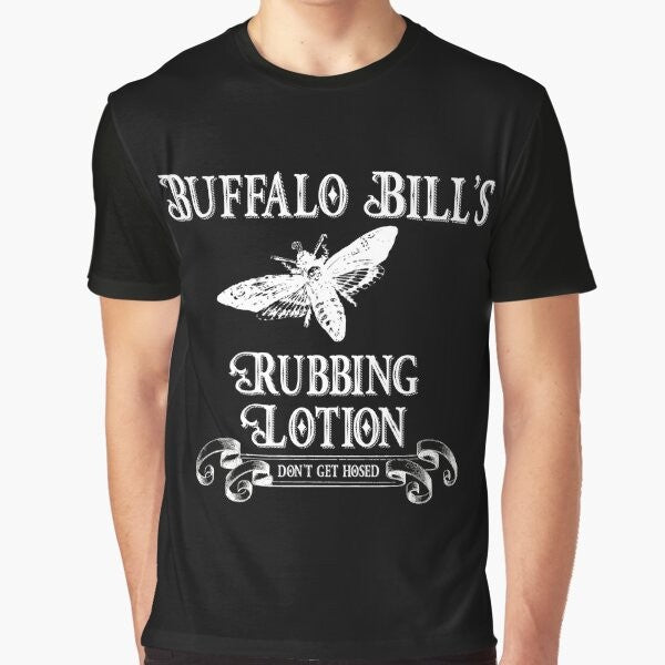 "Buffalo Bill's Silence of the Lambs graphic t-shirt featuring a death head moth and the quote 'It rubs the lotion on its skin.'"