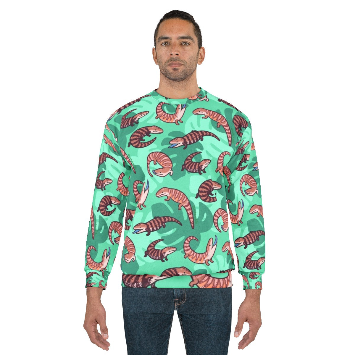 Vibrant blue tongue skink illustration on a cozy sweatshirt - men