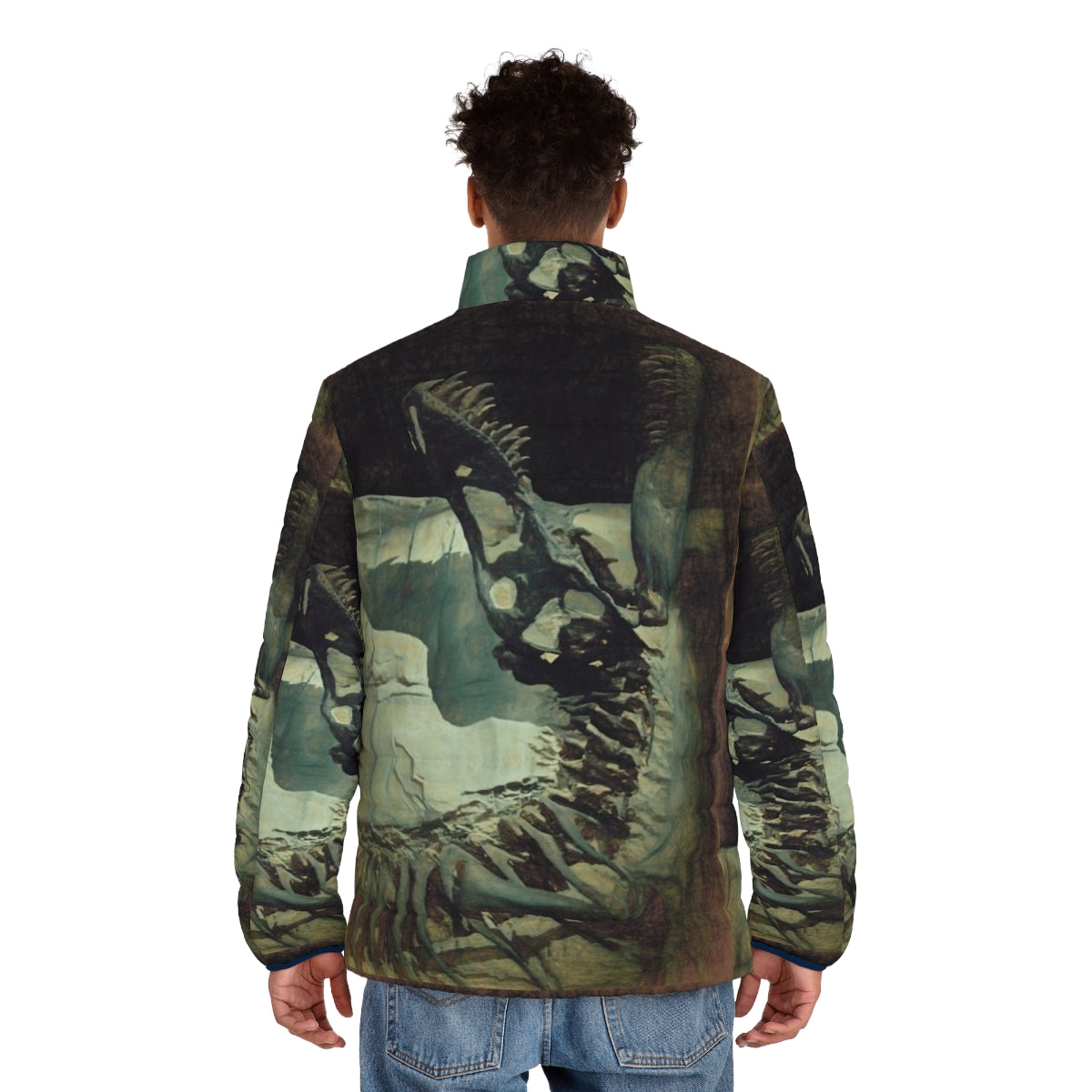 Puffer jacket with a dinosaur fossil bones and "Bite Me" design - men back