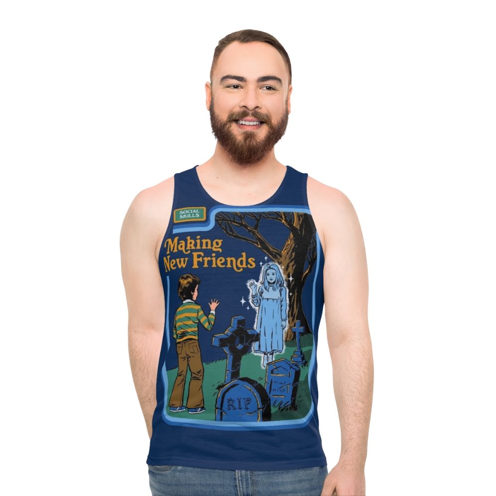 Retro horror-themed unisex tank top with "Making New Friends" design - men