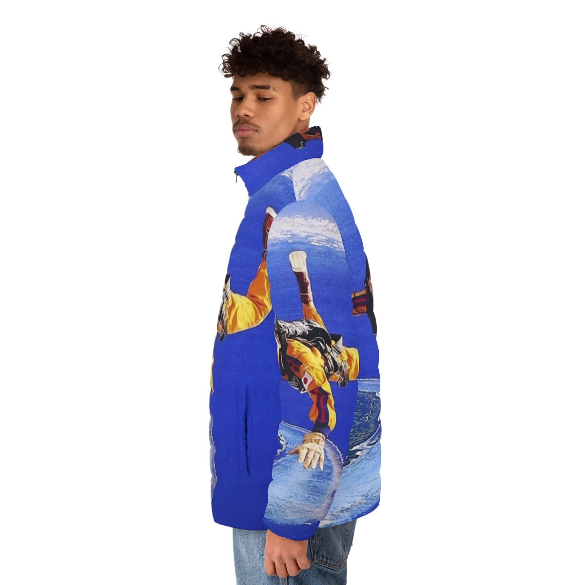 Stylish puffer jacket featuring Masayoshi Takanaka's iconic album cover - men side left