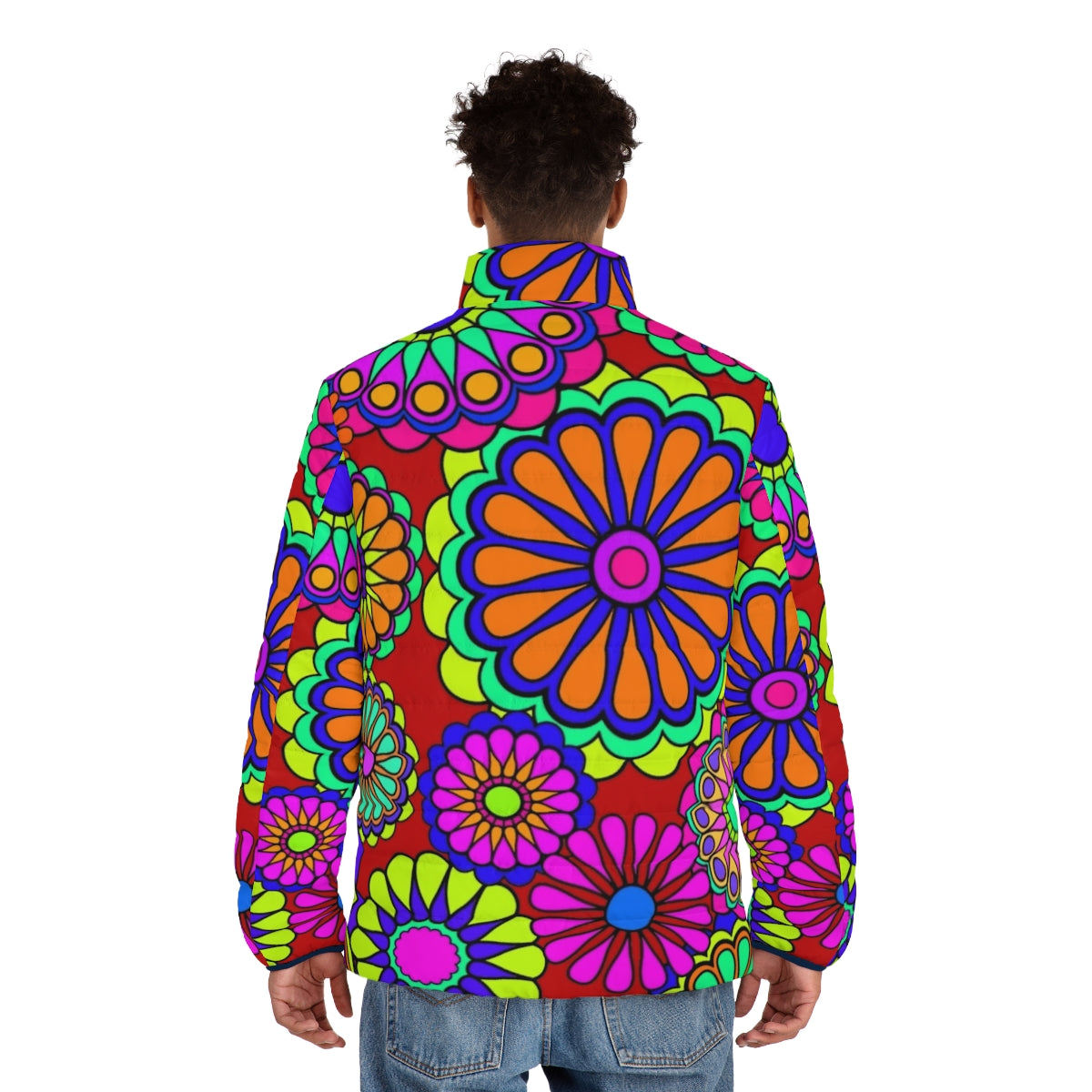 Retro floral puffer jacket with vibrant 1960s inspired design - men back