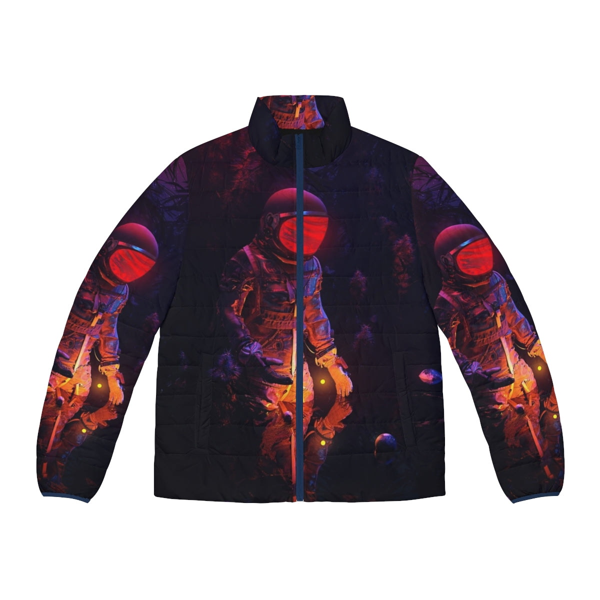 Stellar Spot Puffer Jacket featuring a space-inspired design with surreal patterns and celestial elements