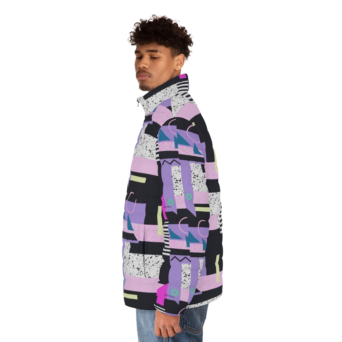 Aesthetic 90s vaporwave-inspired puffer jacket with repeating pattern design - men side left