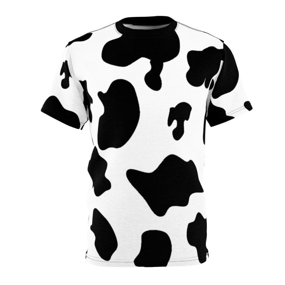 Closeup of a cow pattern animal print t-shirt with a vibrant design