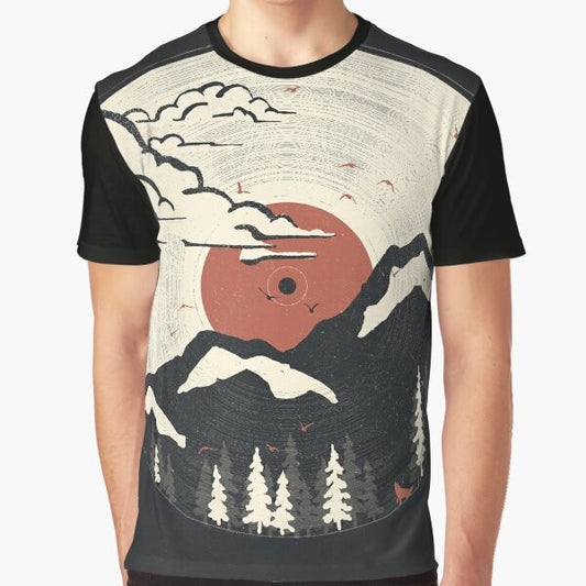 Mountain wildlife and nature graphic t-shirt with music and vinyl record design