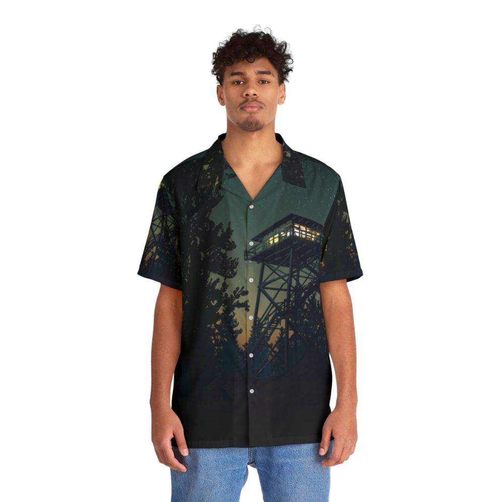 Firewatch 4K Graphic Hawaiian Shirt with Minimalist Nighttime Landscape Design - People Front