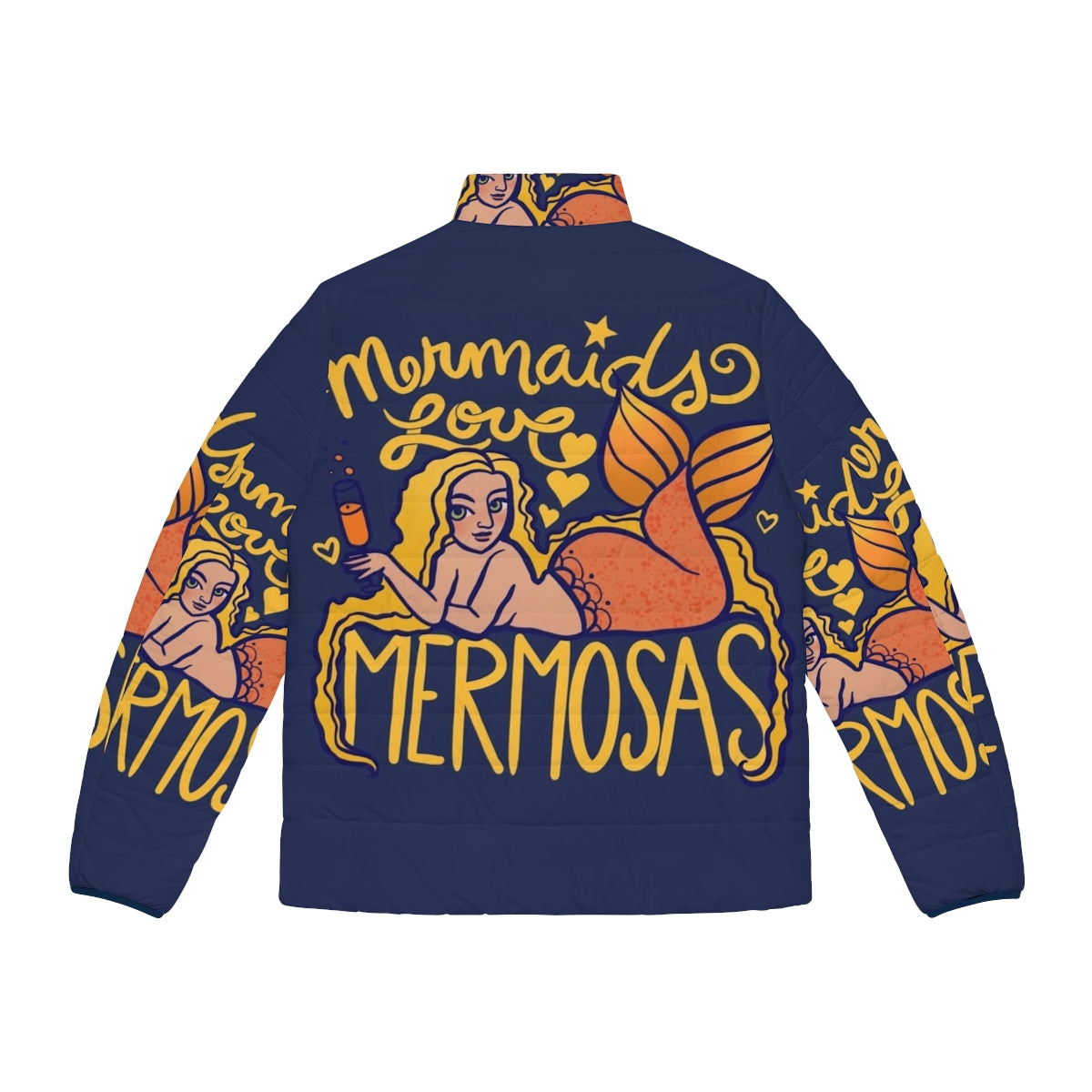 Mermaids Love Mermosas Puffer Jacket with a print of mermaids and mimosas - Back