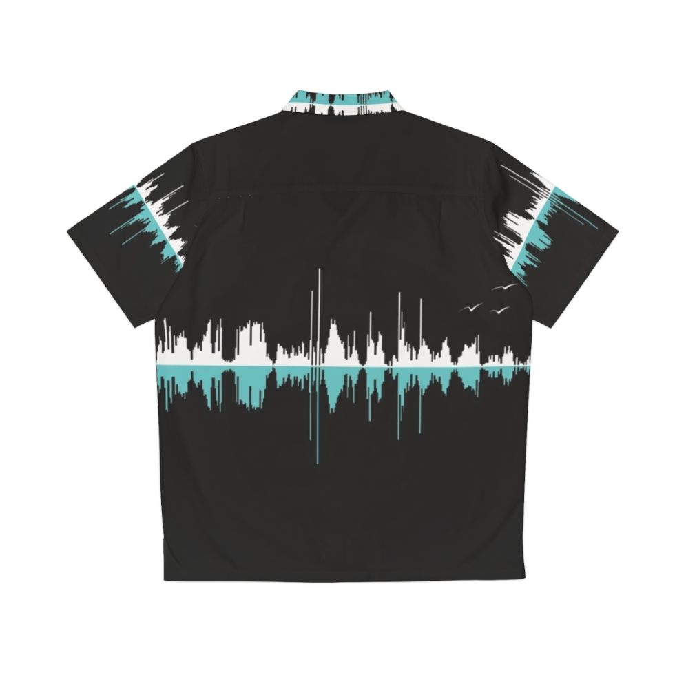 Music city black Hawaiian shirt with soundwave and city landscape graphic - Back