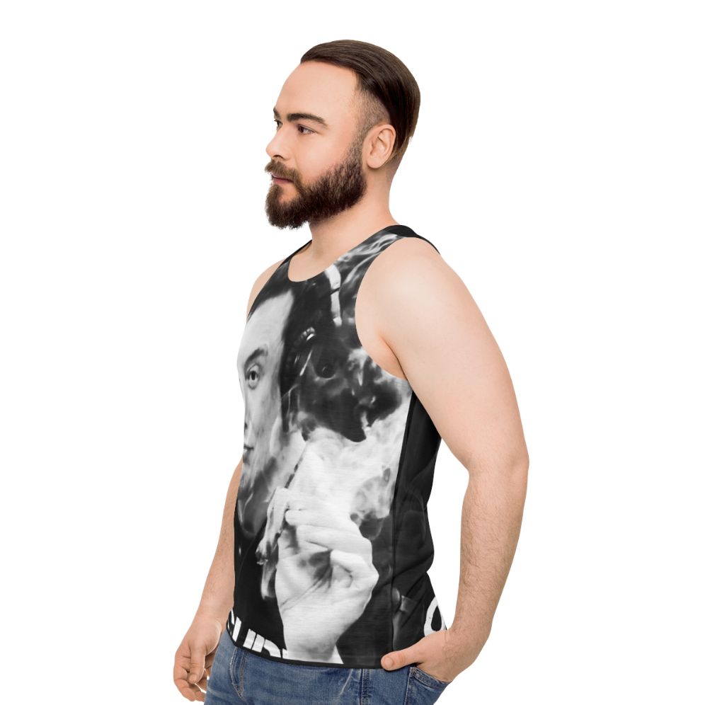 Unisex tank top with Elon Musk inspired smoking design - men side