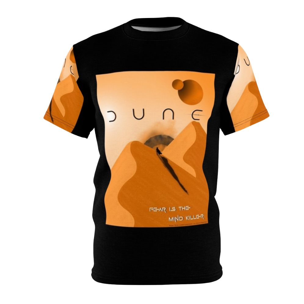 Dune-inspired t-shirt featuring the quote "Fear Is the Mind Killer" and iconic Dune imagery