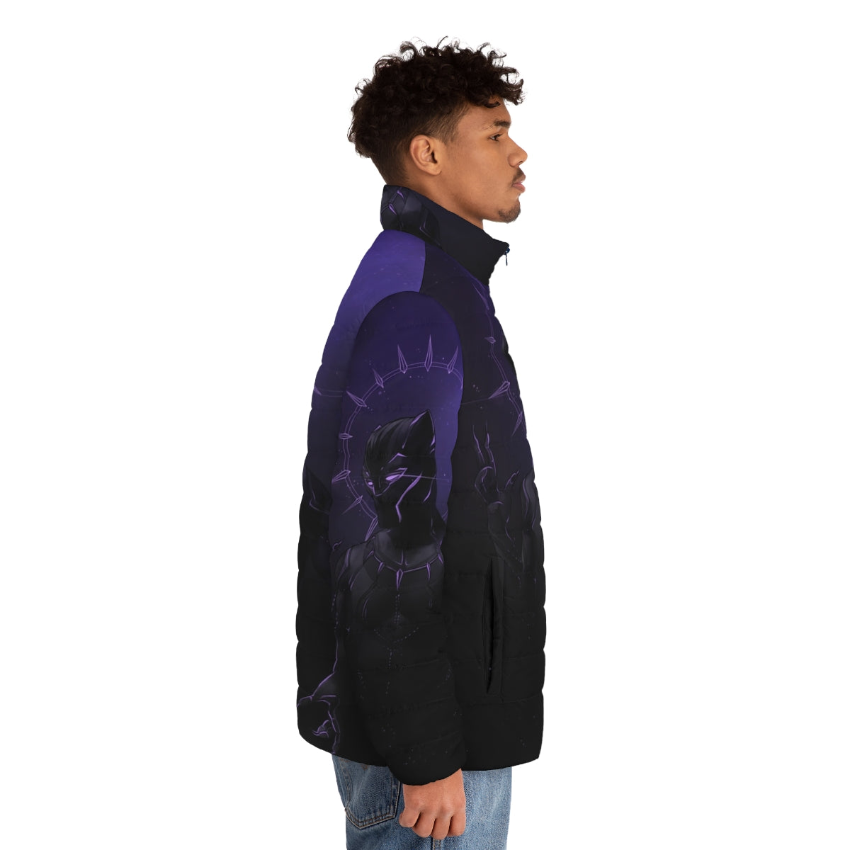 A black and purple puffer jacket featuring a panther design, perfect for the superhero-inspired look. - men side right