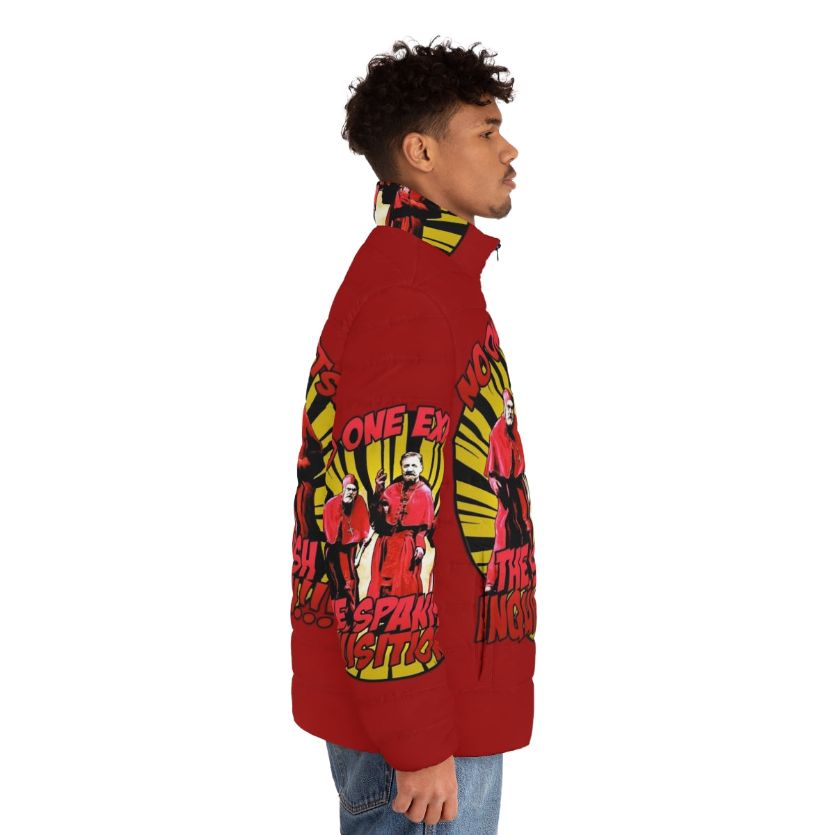 A puffer jacket featuring the iconic "No One Expects the Spanish Inquisition" design from Monty Python - men side right