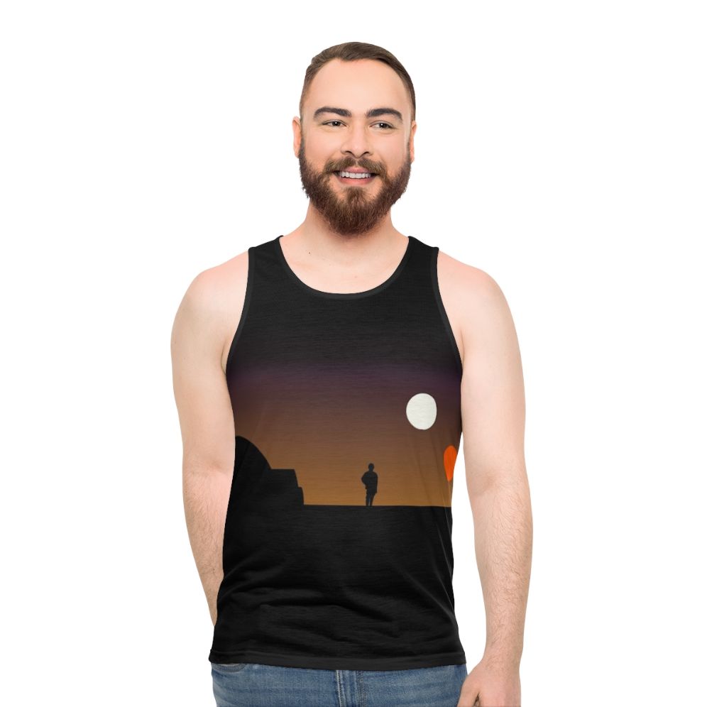 Galaxy-inspired unisex tank top with a sunset graphic design - men