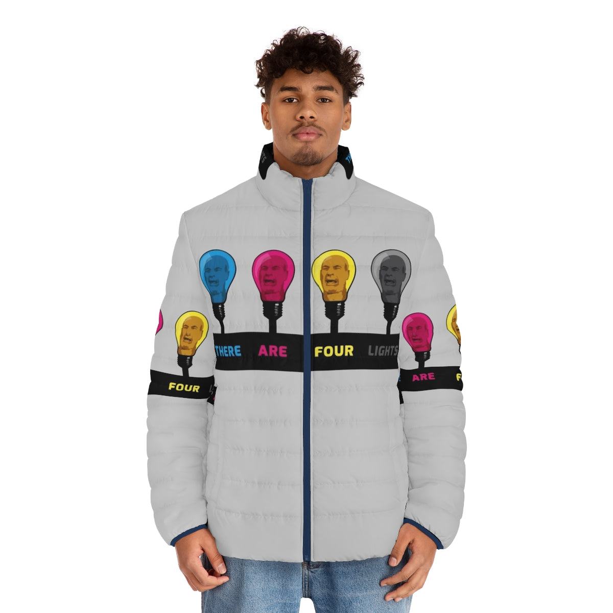 Colorful CMYK puffer jacket with 'There Are Four Lights' sci-fi inspired design - men front