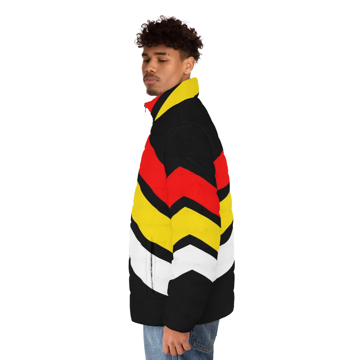 Commotion Stripes Geometric Puffer Jacket in vibrant red, yellow, and white colors - men side left