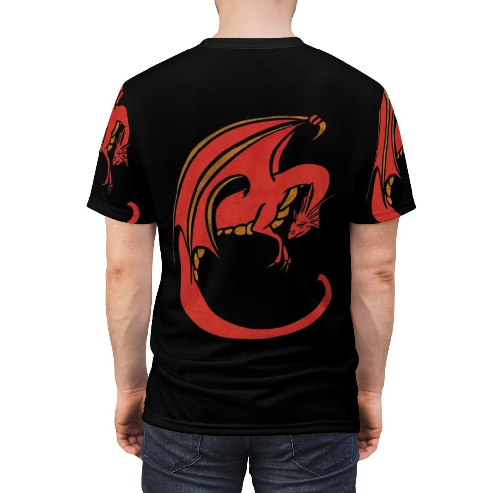 Vibrant red dragon illustration on a high-quality t-shirt for lovers of mythical creatures and fantasy art. - men back