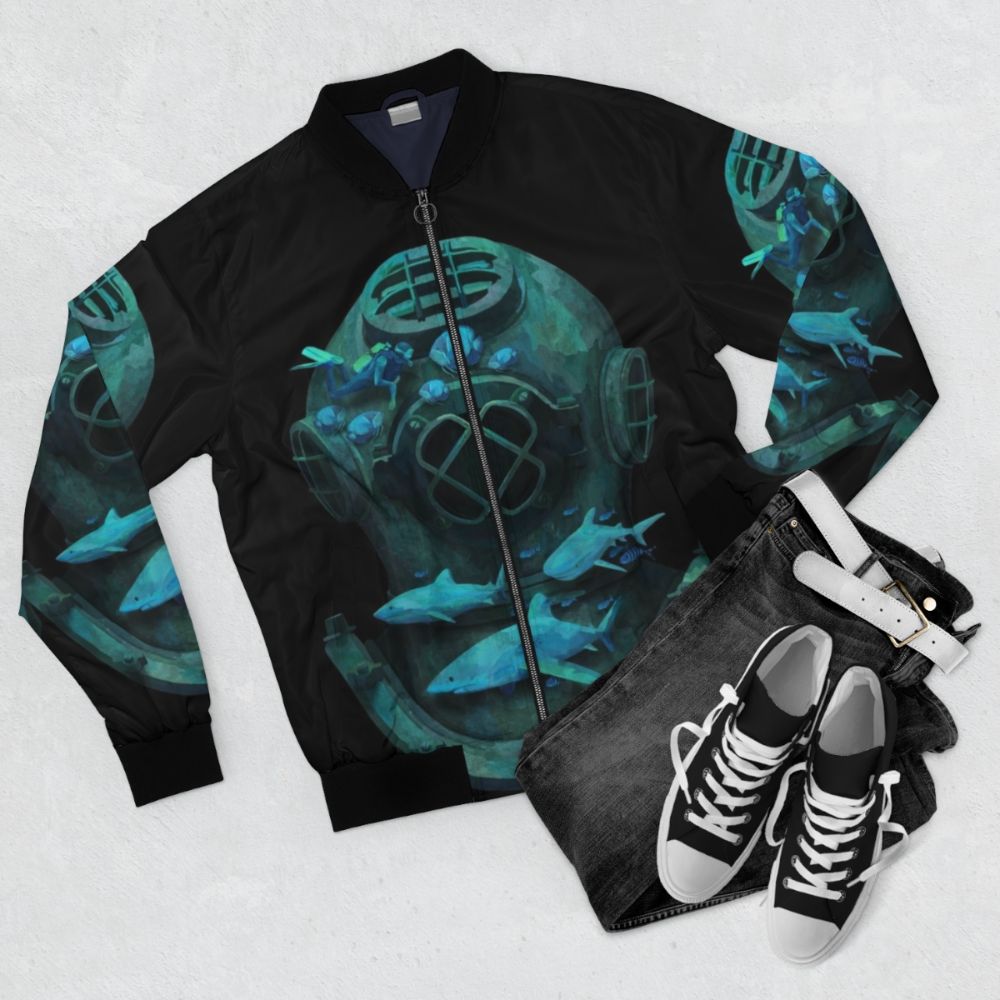 Deep Diving Fantasy Bomber Jacket with ocean, marine, and fantasy elements - Flat lay