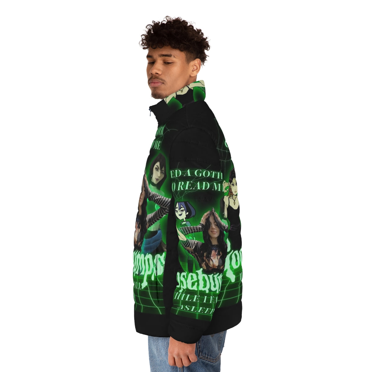 Goth-inspired puffer jacket with Goosebumps-themed design - men side left