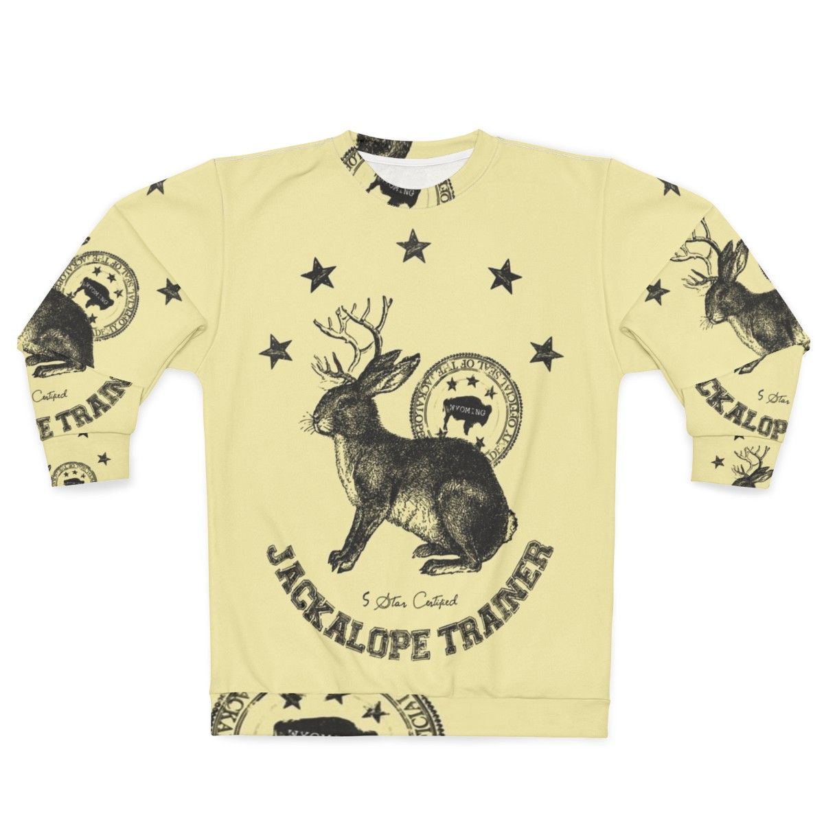 Beige sweatshirt with jackalope graphic, mythical animal trainer design