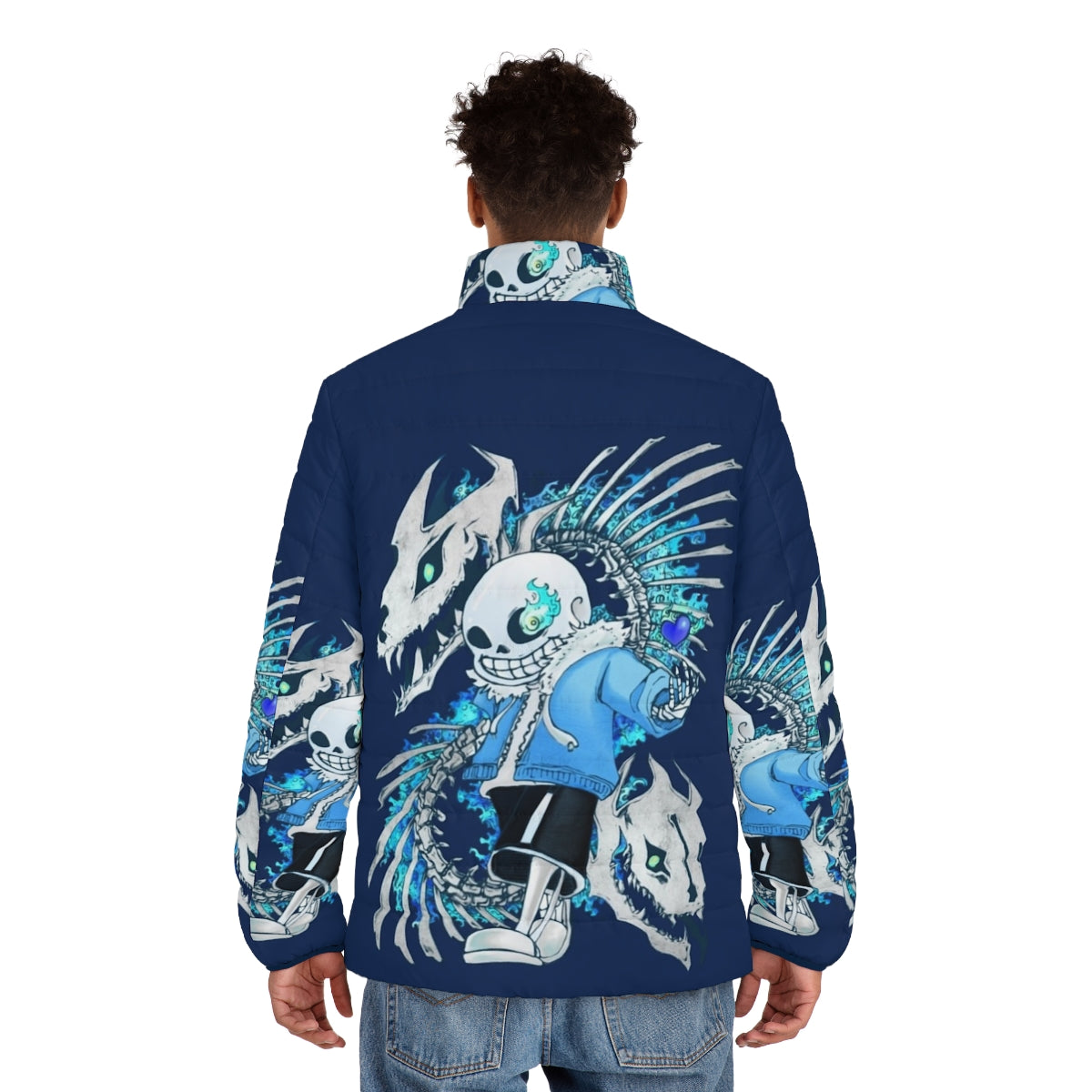 Undertale Sans Puffer Jacket featuring the iconic skeleton character from the popular video game - men back