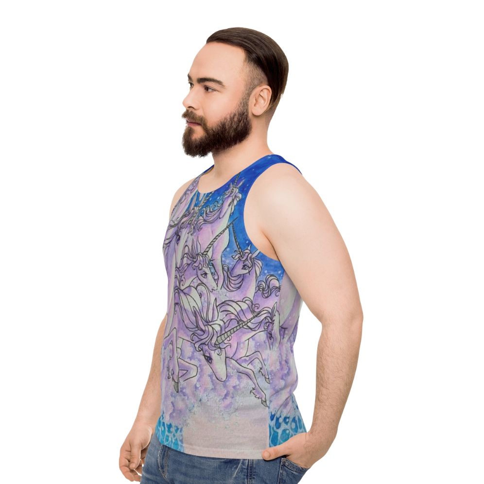 Unisex unicorn tank top with watercolor sea and fantasy design - men side