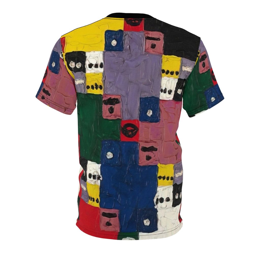 Vibrant abstract art t-shirt featuring colorful geometric patterns and cosmic references inspired by the iconic designs of artist Alfred Jensen - Back