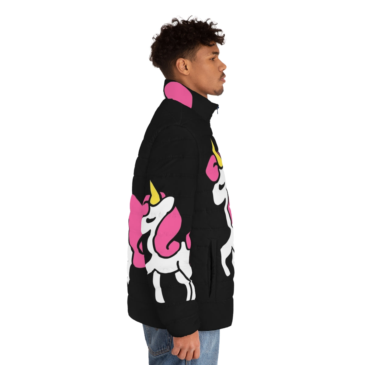 A close-up image of a cute pink unicorn puffer jacket with a whimsical design. - men side right