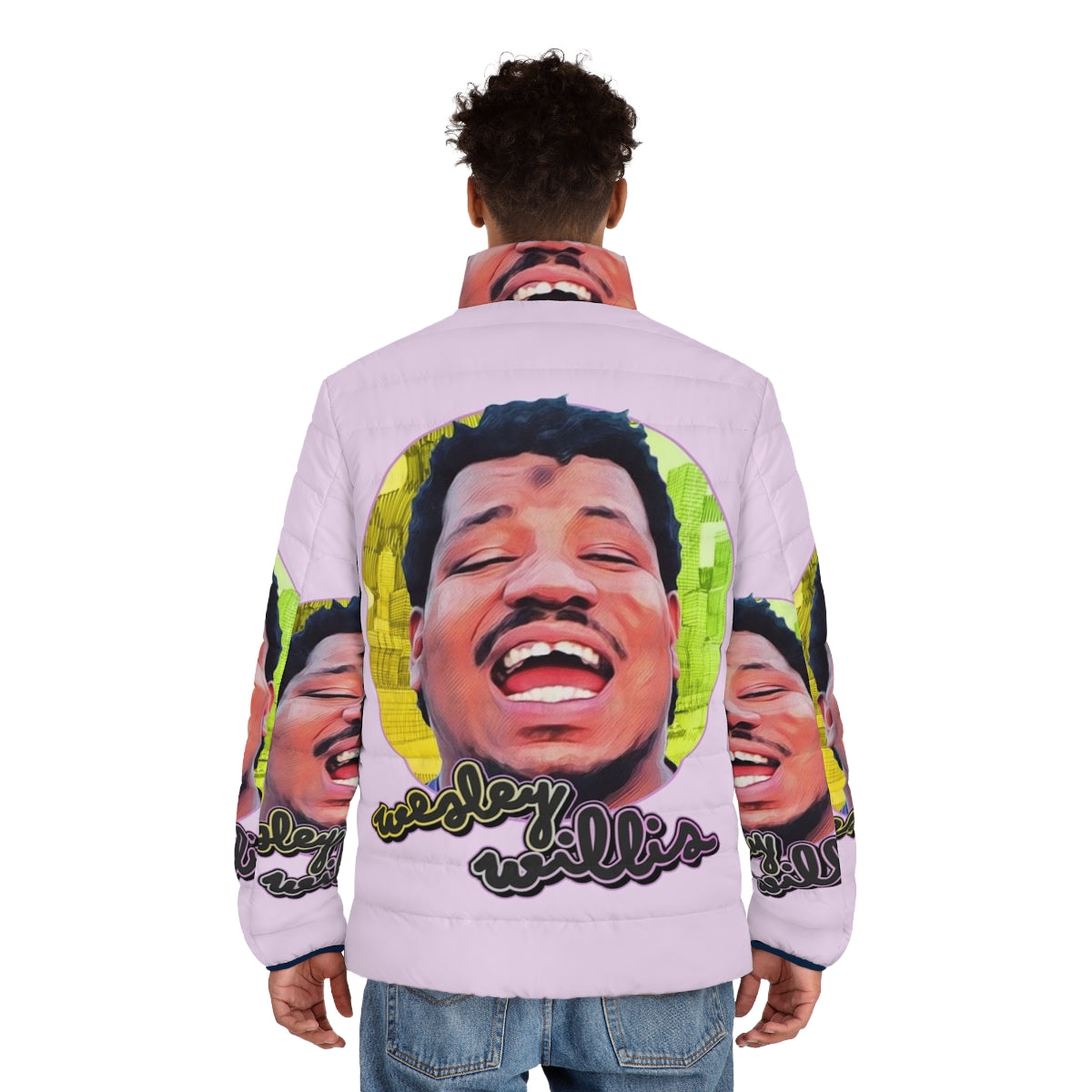 Retro puffer jacket featuring the artwork and music of Chicago artist Wesley Willis - men back