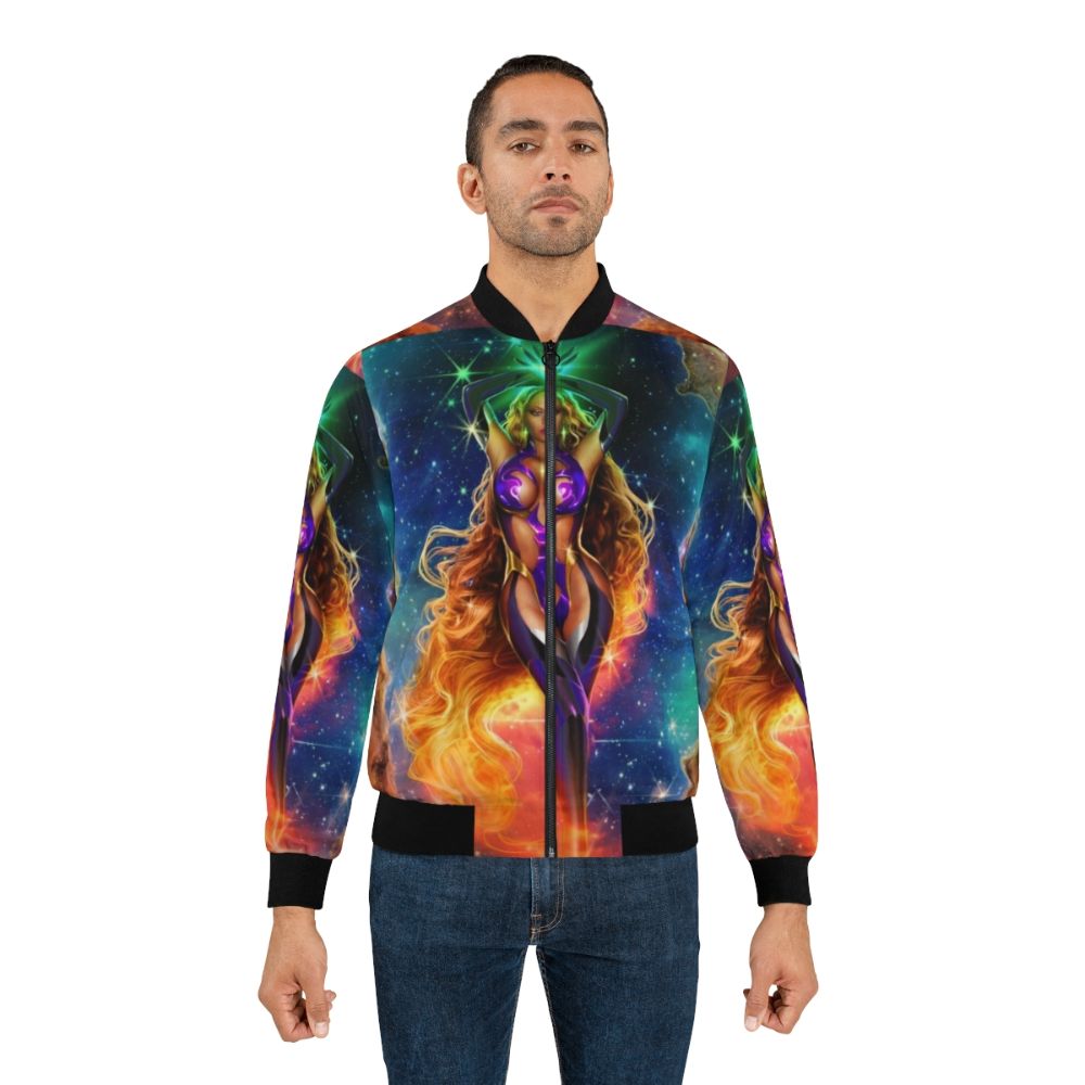 Alien Superstar Bomber Jacket with cosmic design featuring stars, fire, and purple and orange accents - Lifestyle