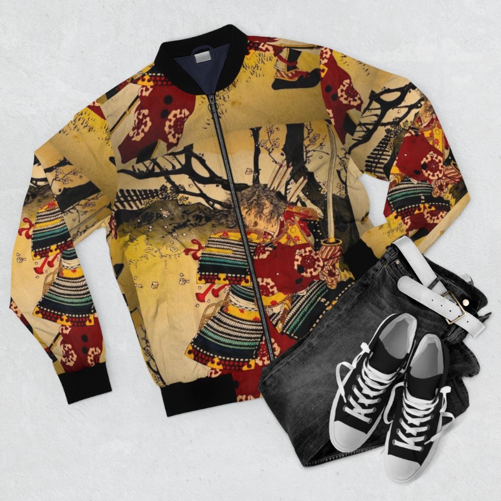 Model wearing a bomber jacket with a samurai warrior and ukiyo-inspired design - Flat lay