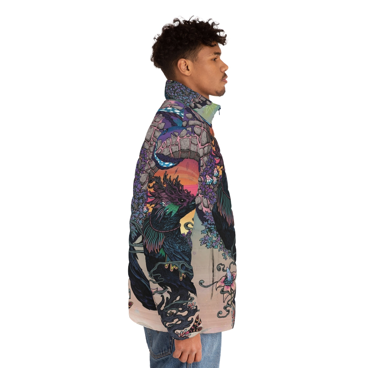 Puffer jacket featuring a mystical, psychedelic design of a raven or crow bird and cannabis leaves - men side right