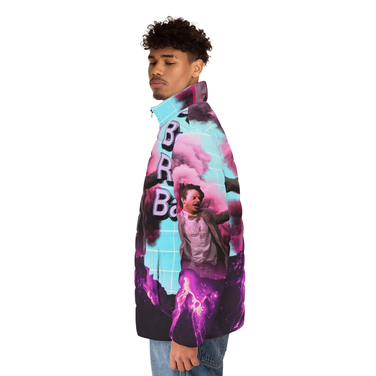 Eric Andre inspired aesthetic puffer jacket with retro vaporwave design - men side left