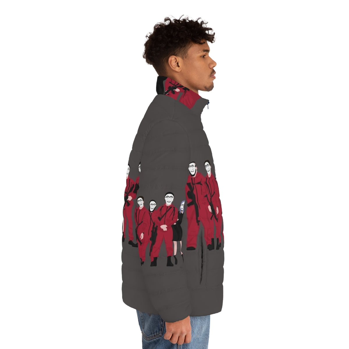 Stylish and Warm Money Heist Puffer Jacket with Vibrant Graphics - men side right