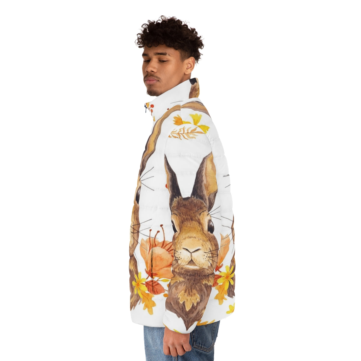 Autumn Bunny Puffer Jacket featuring cute rabbit print and fall foliage - men side left