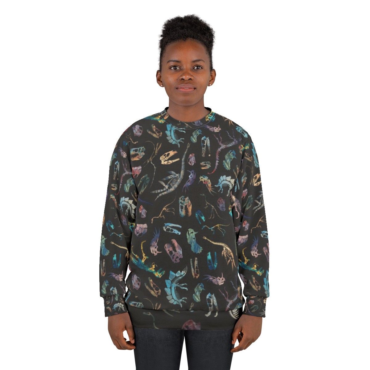 Dark sweatshirt with minimalist dinosaur fossil silhouette pattern - women