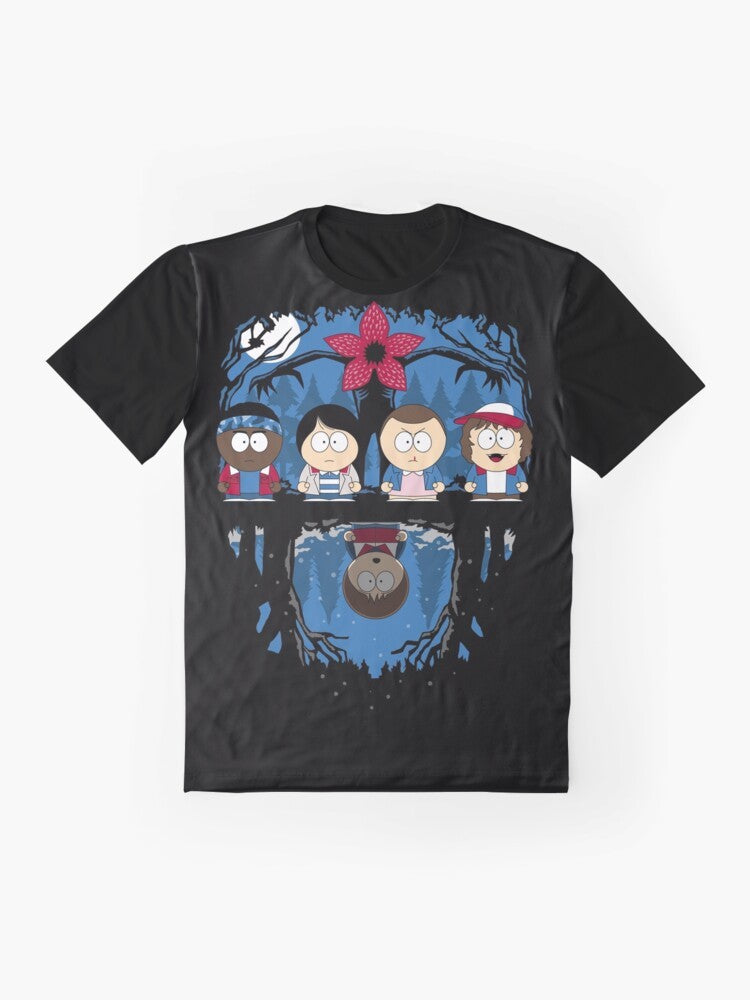 Stranger Things inspired 80s graphic t-shirt with Demogorgon and Toothless characters - Flat lay