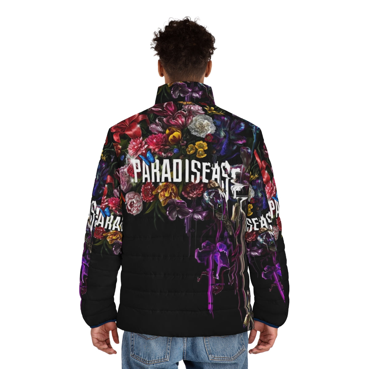 Corrupted Paradise Sci-Fi Puffer Jacket with Glitch and Floral Botanicals - men back