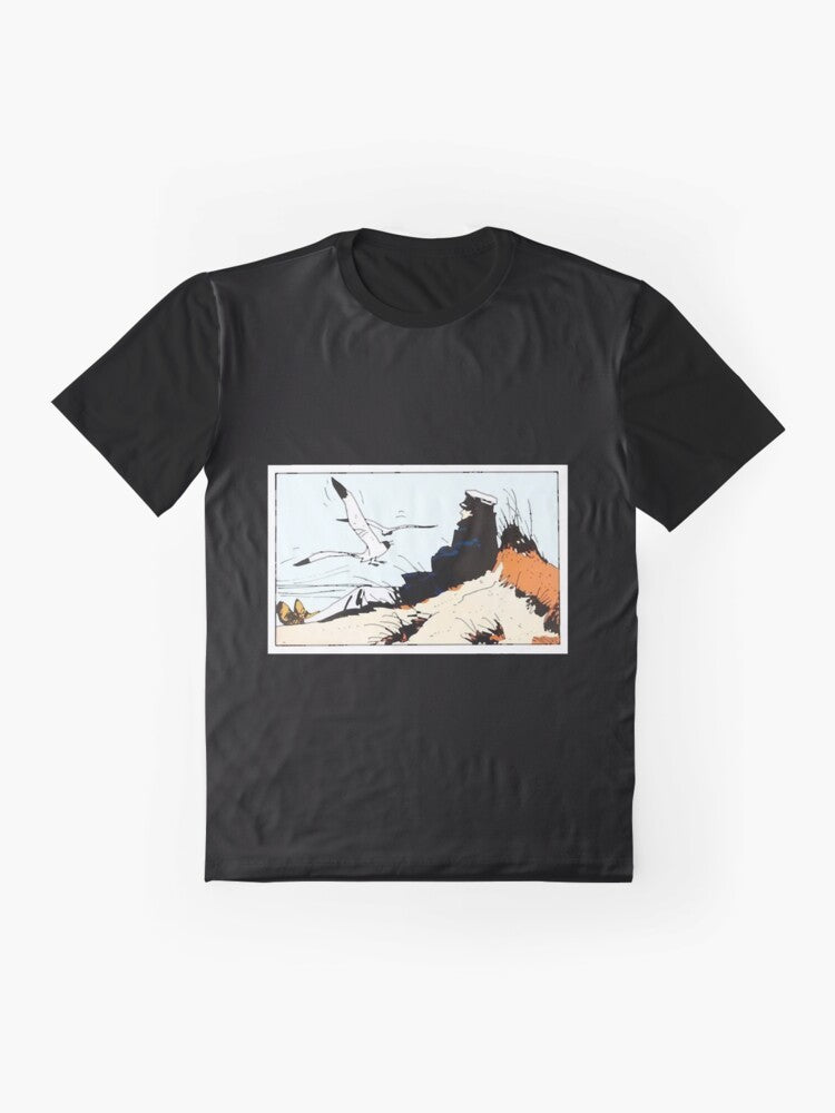 Corto Maltese vintage graphic t-shirt featuring the classic Italian comic book character and his sailing adventures. - Flat lay