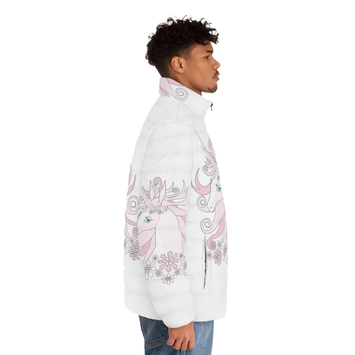 The Last Unicorn puffer jacket with a beautiful pink unicorn design - men side right