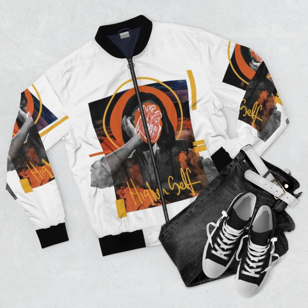 Higher Self Abstract Digital Collage Bomber Jacket featuring an orange and heart-themed design - Flat lay