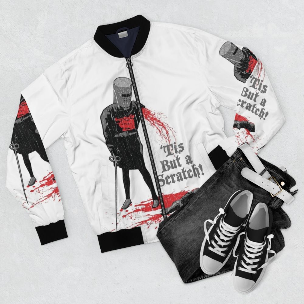 Monty Python-inspired "Tis But a Scratch!" bomber jacket - Flat lay