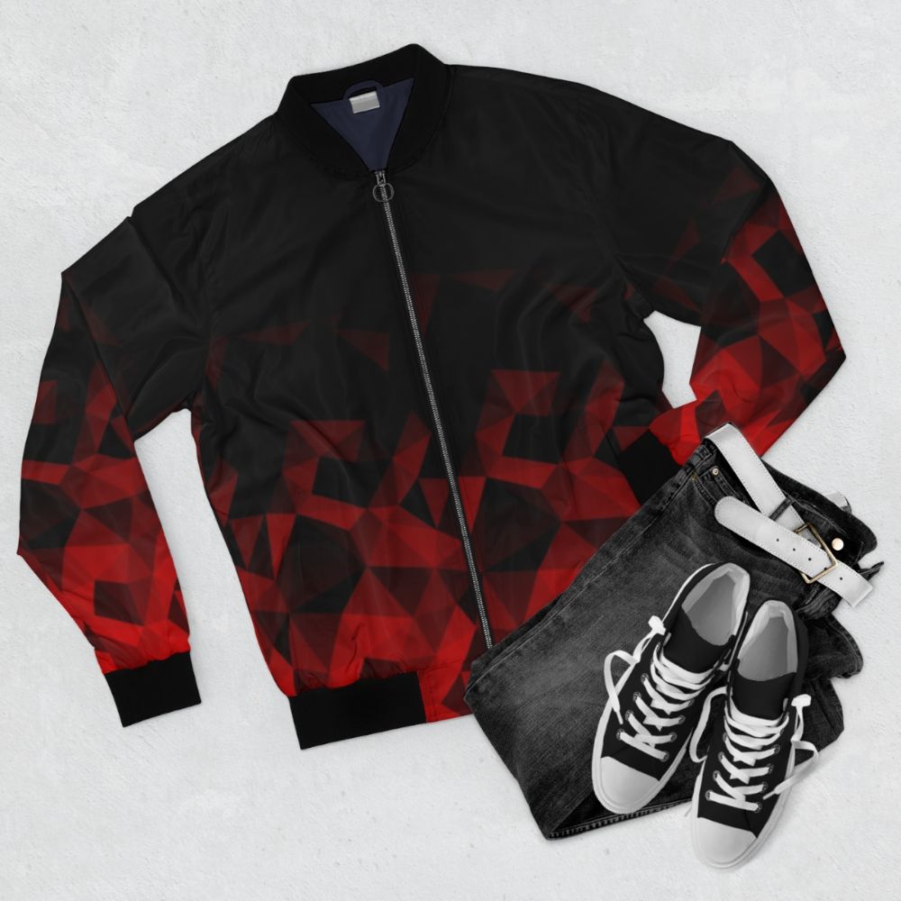 Abstract geometric polygonal pattern bomber jacket in red and black colors - Flat lay