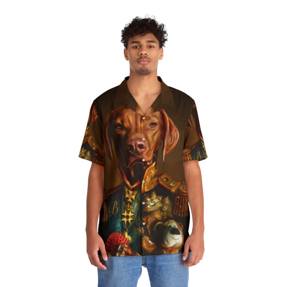 Bertie the Hungarian Vizsla dog wearing a Hawaiian shirt - People Front