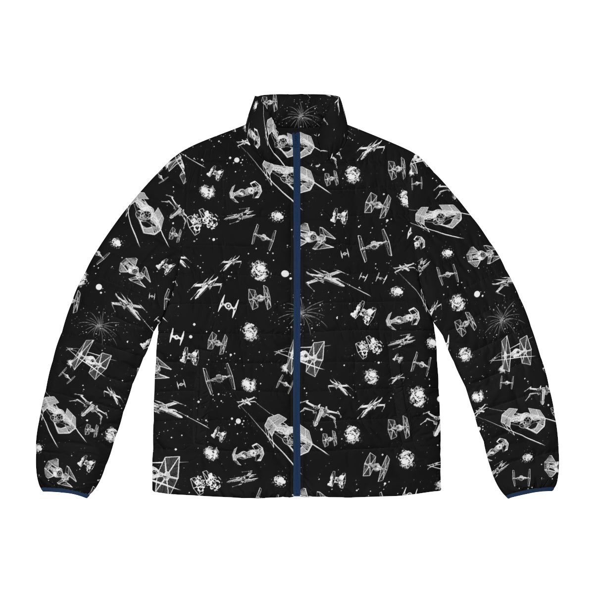 Intergalactic space battle puffer jacket with spaceship and star pattern