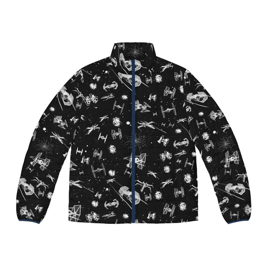 Intergalactic space battle puffer jacket with spaceship and star pattern