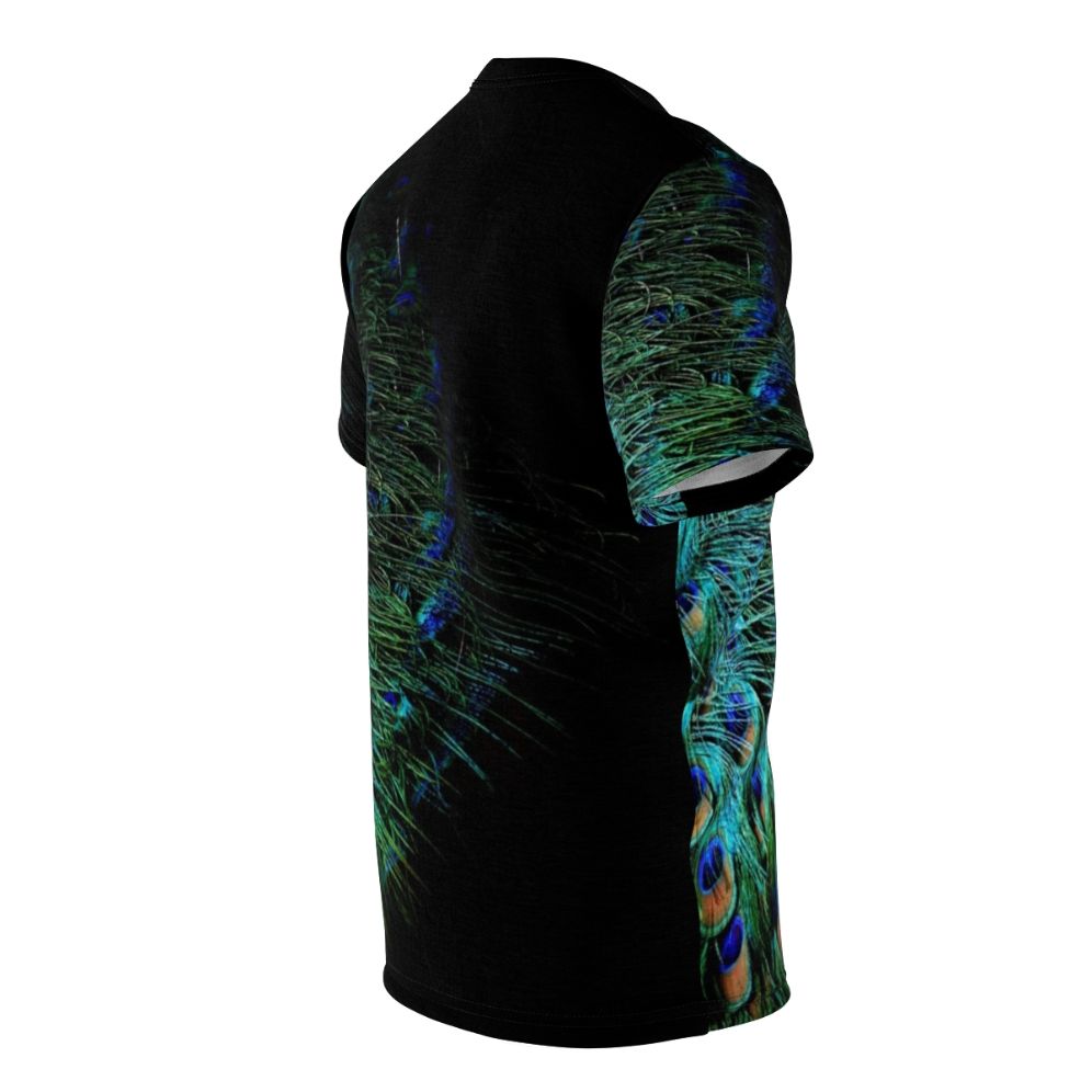 A stylish t-shirt featuring a bold and vibrant peacock feather design against a black background. - men right