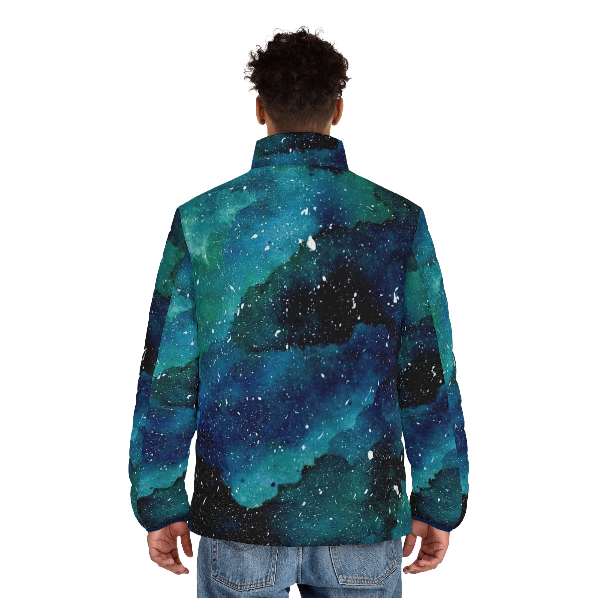 Emerald galaxy puffer jacket featuring a beautiful cosmic design with stars, planets, and a galactic motif - men back